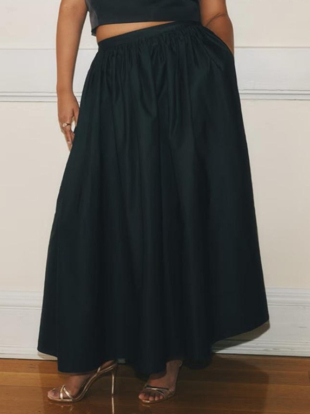 Black Taffeta Maxi Skirt - Classic Gathered Waist